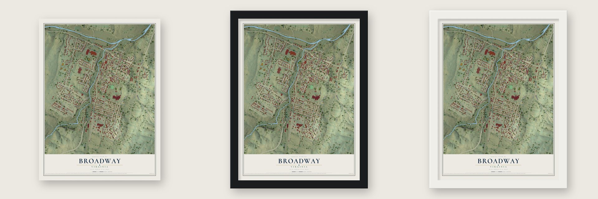 Broadway, Virginia map unframed, in a black wood frame and in a white wood frame