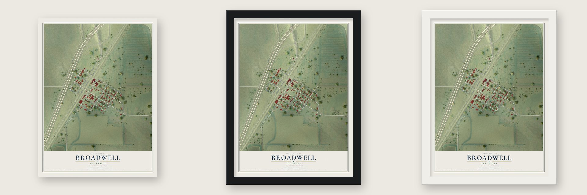 Broadwell, Illinois map unframed, in a black wood frame and in a white wood frame