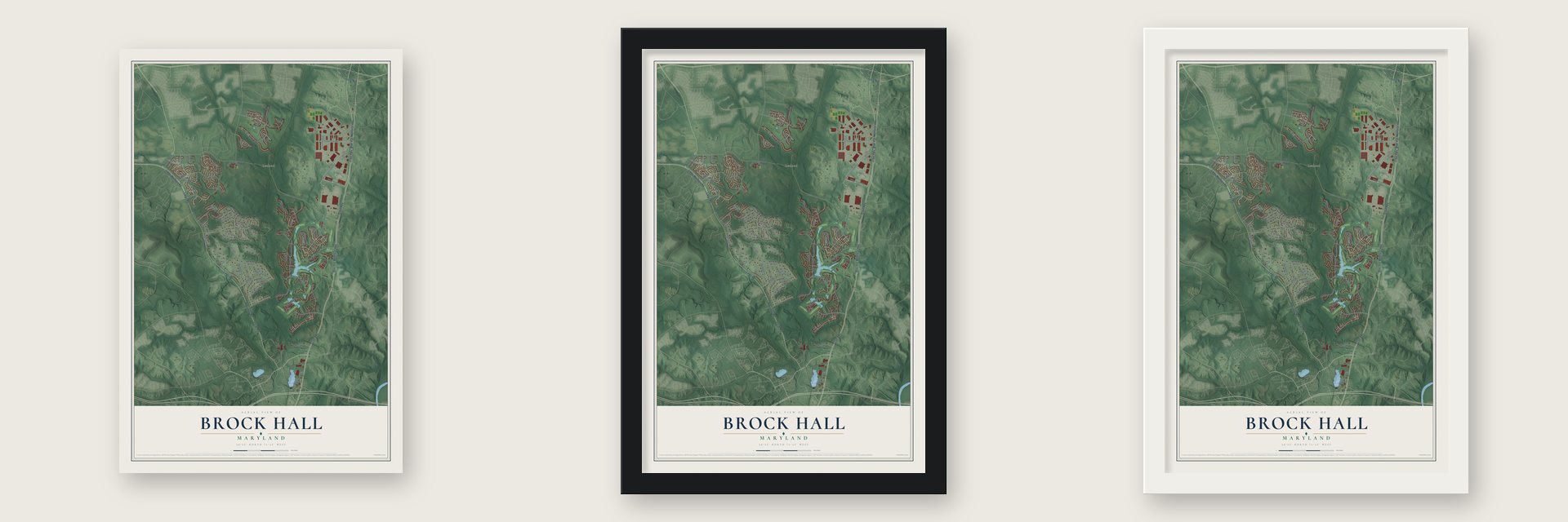 Brock Hall, Maryland map unframed, in a black wood frame and in a white wood frame