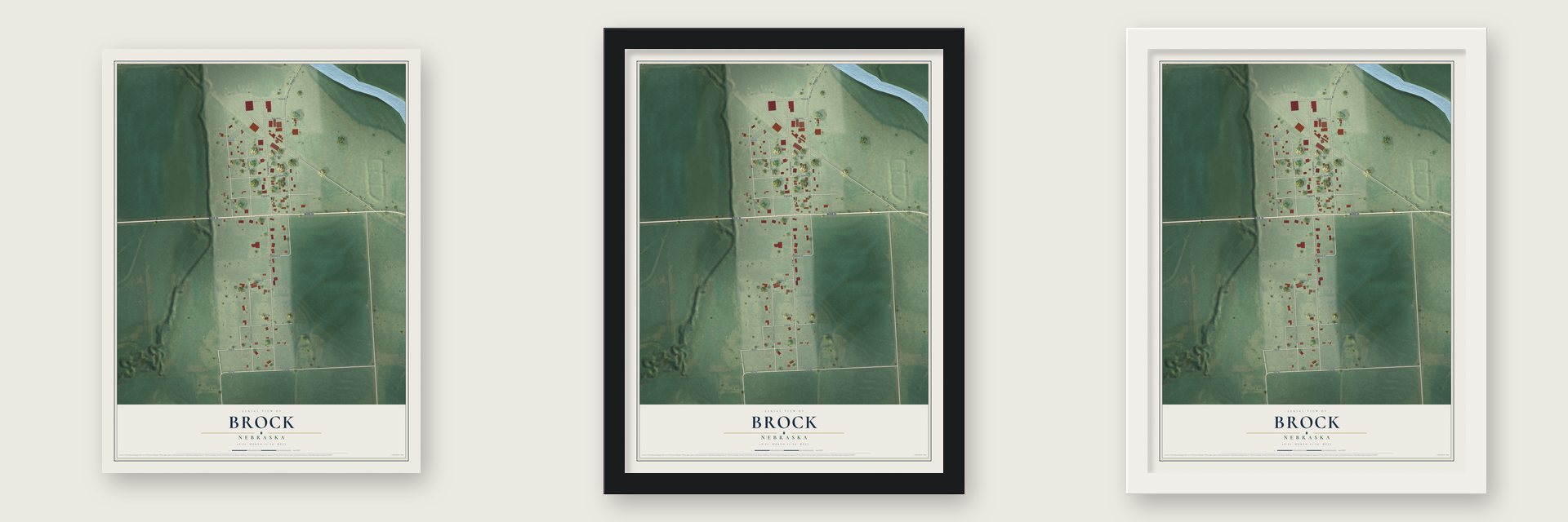 Brock, Nebraska map unframed, in a black wood frame and in a white wood frame