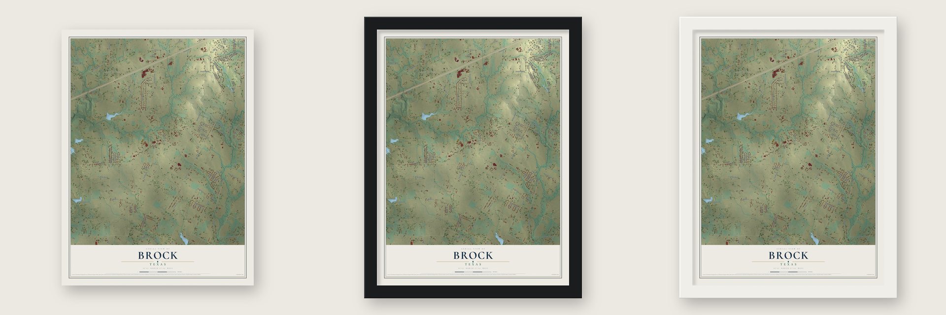 Brock, Texas map unframed, in a black wood frame and in a white wood frame