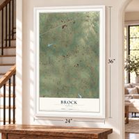 Brock, Texas map, 24 x 36 inch print in a white frame by a staircase