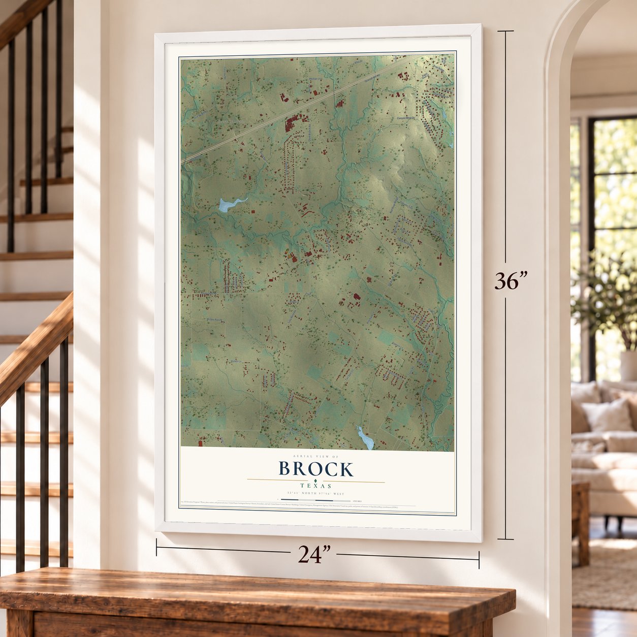 Brock, Texas map, 24 x 36 inch print in a white frame by a staircase