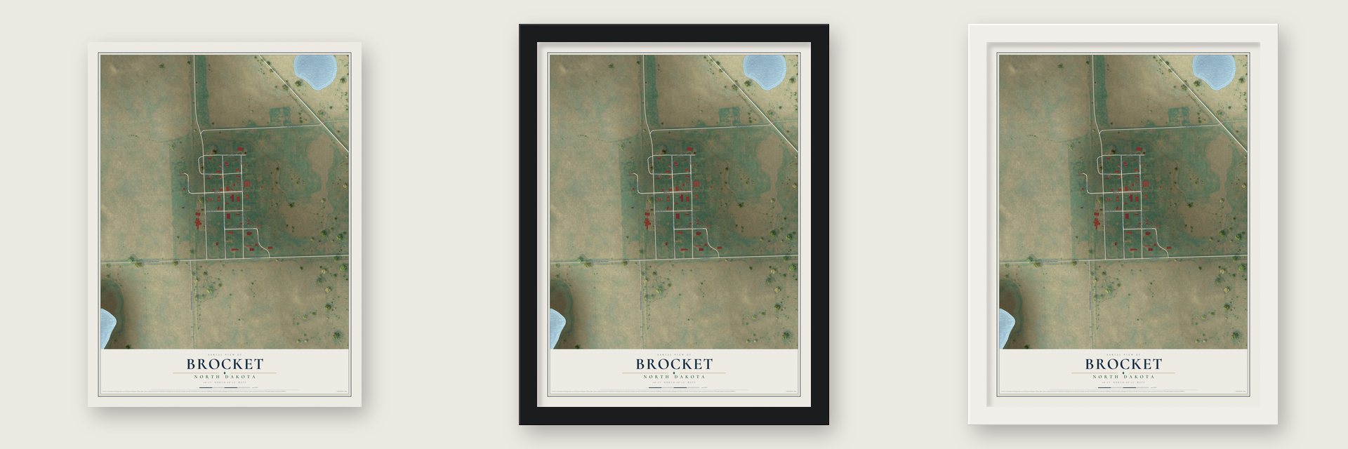 Brocket, North Dakota map unframed, in a black wood frame and in a white wood frame