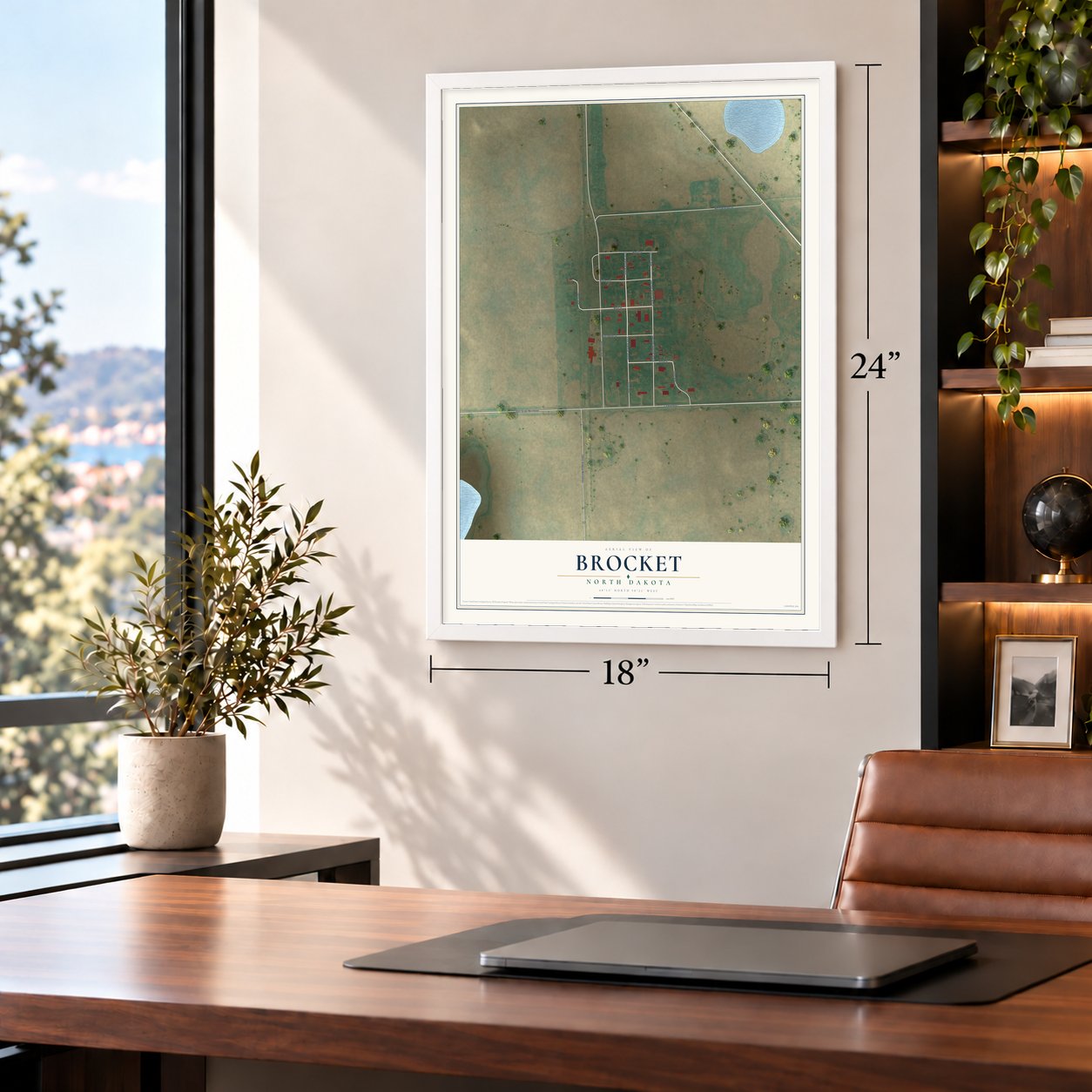 Brocket, North Dakota map, 18 x 24 inch print in a white frame in a home office