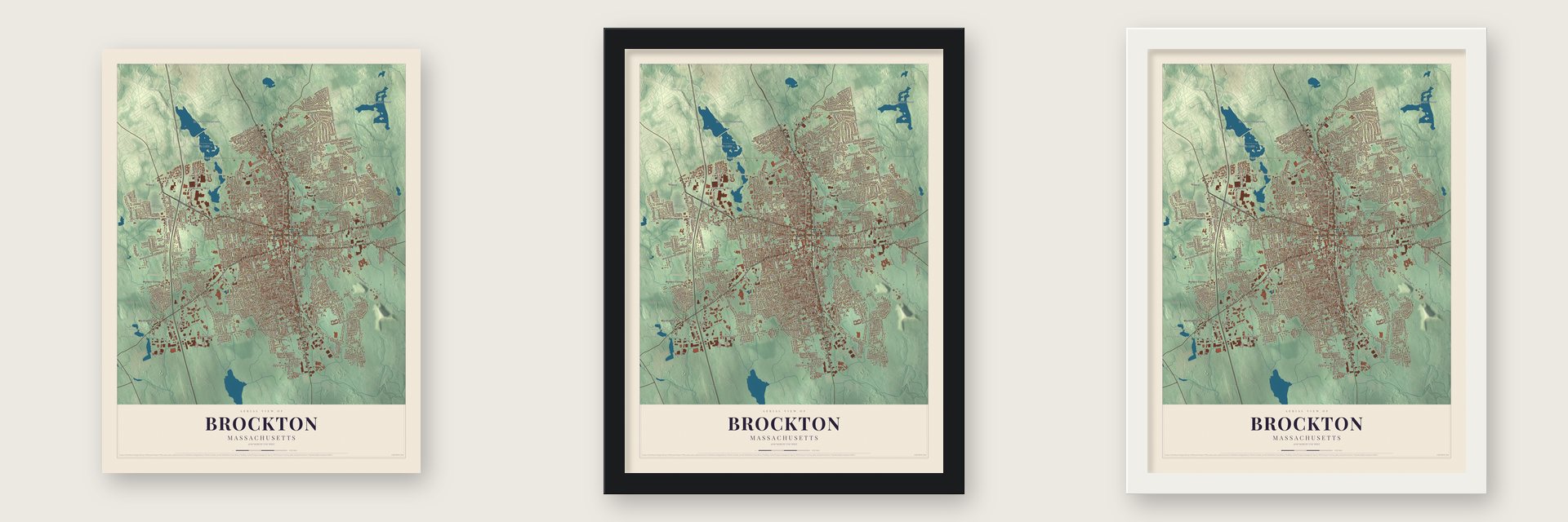 Brockton, Massachusetts map unframed, in a black wood frame and in a white wood frame
