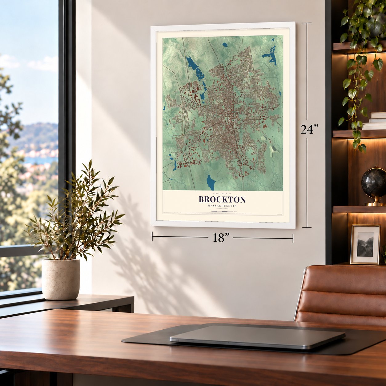 Brockton, Massachusetts map, 18 x 24 inch print in a white frame in a home office