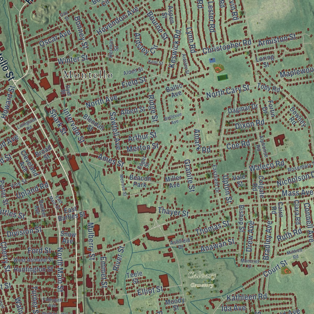 Second close-up of the map of Brockton, Massachusetts print showing more streets and buildings