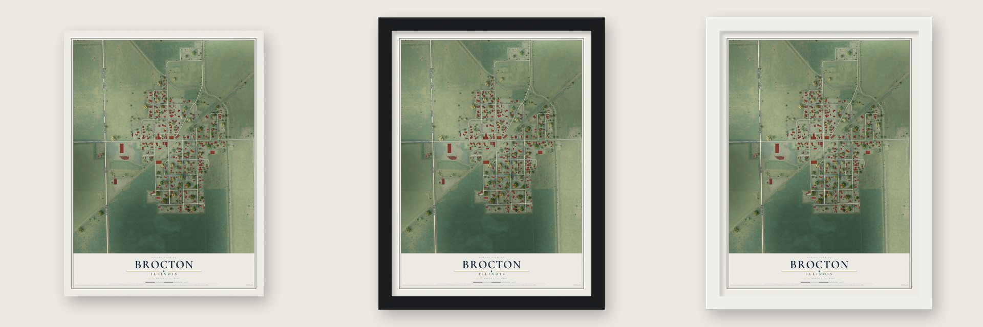 Brocton, Illinois map unframed, in a black wood frame and in a white wood frame