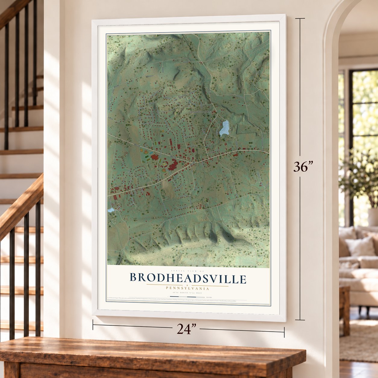 Brodheadsville, Pennsylvania map, 24 x 36 inch print in a white frame by a staircase