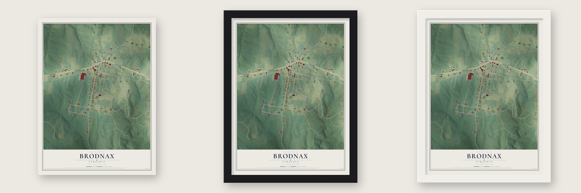 Brodnax, Virginia map unframed, in a black wood frame and in a white wood frame