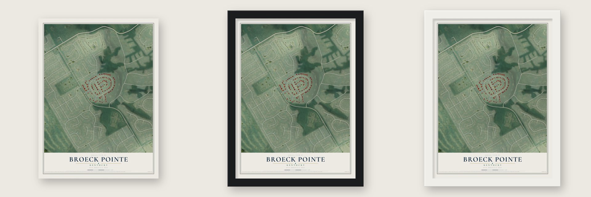 Broeck Pointe, Kentucky map unframed, in a black wood frame and in a white wood frame