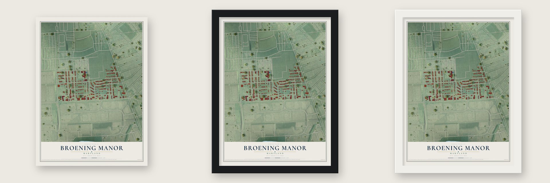 Broening Manor, Maryland map unframed, in a black wood frame and in a white wood frame