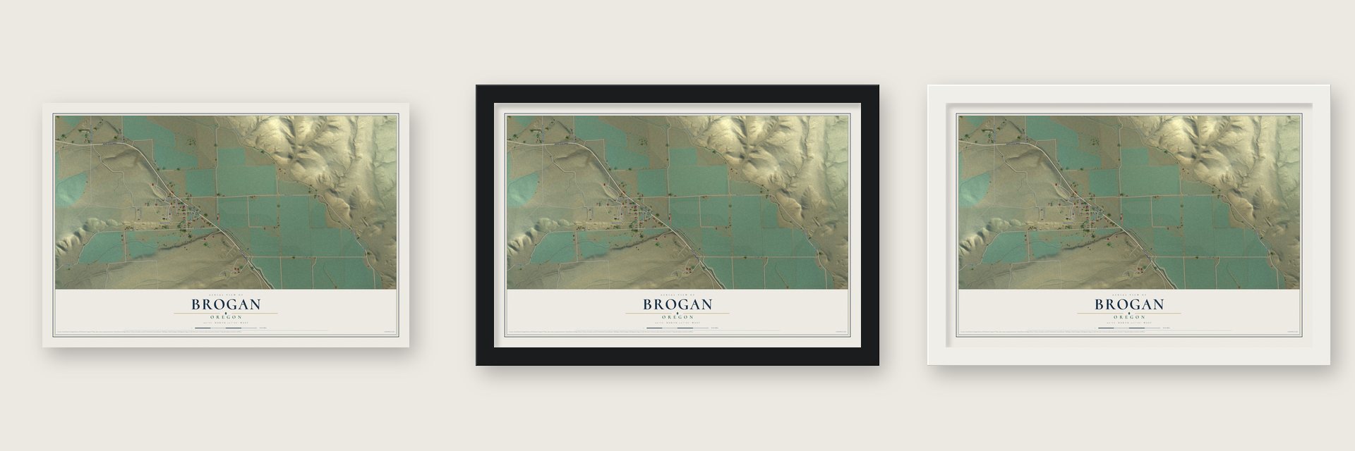 Brogan, Oregon map unframed, in a black wood frame and in a white wood frame