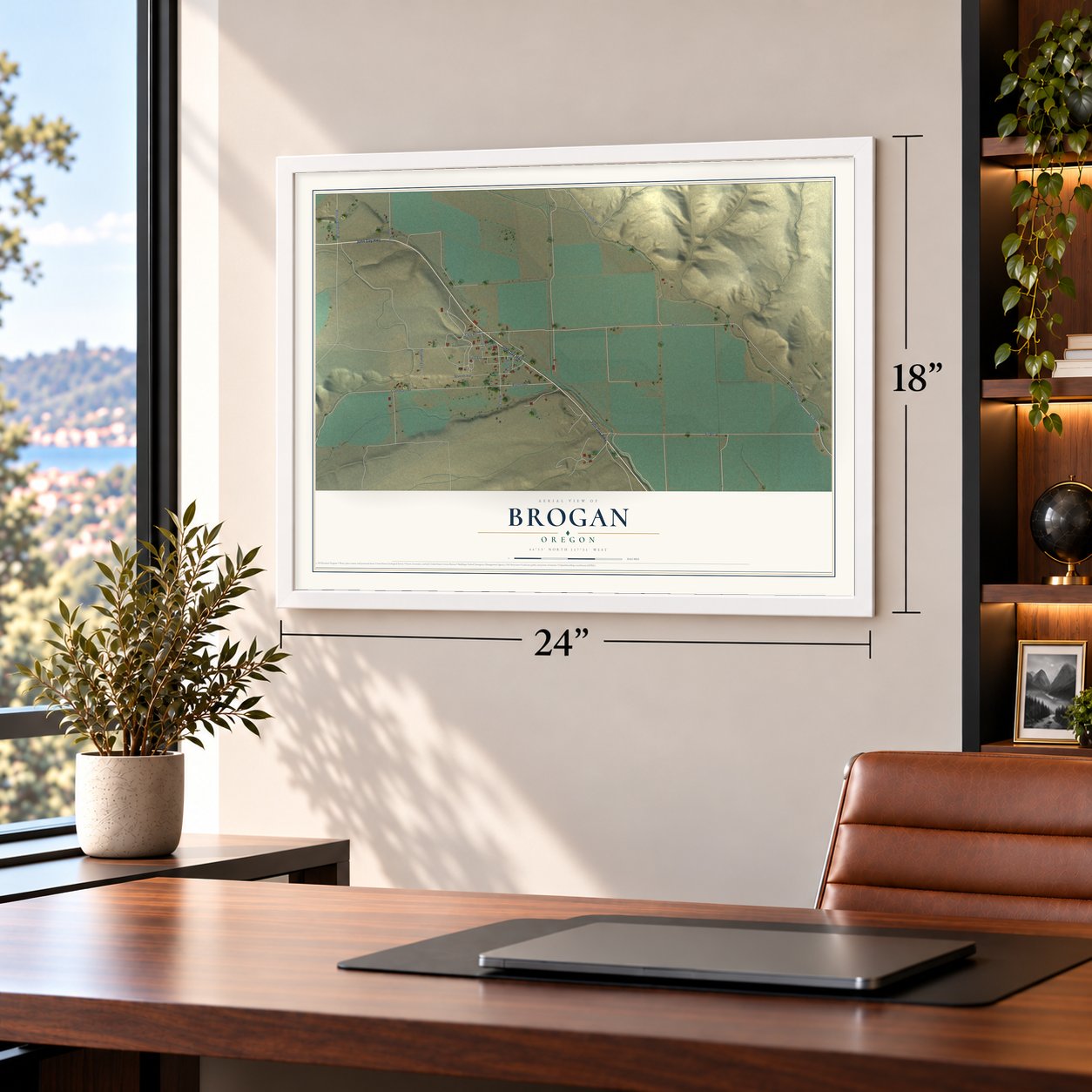 Brogan, Oregon map, 18 x 24 inch print in a white frame in a home office