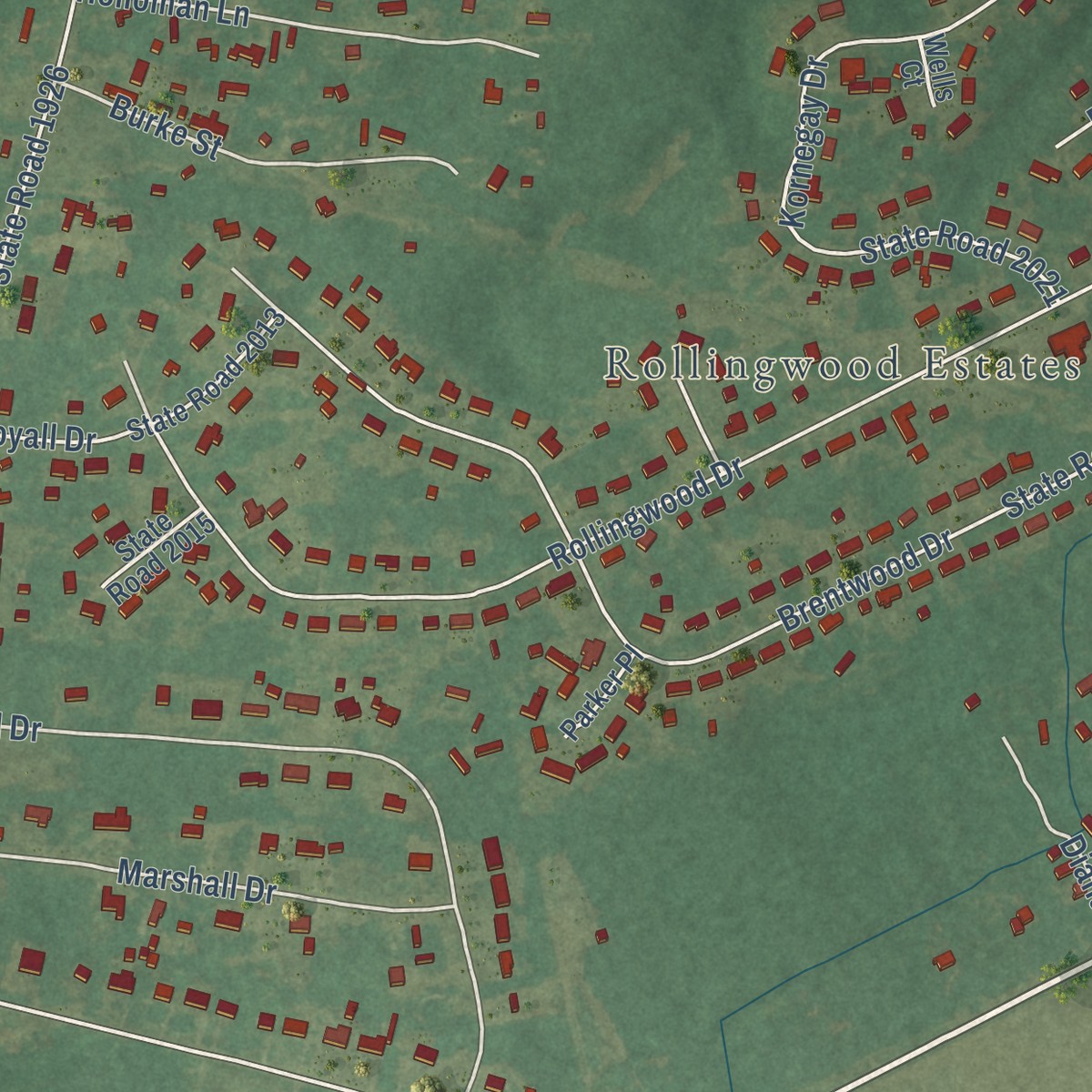 Second close-up of the map of Brogden, North Carolina print showing more streets and buildings
