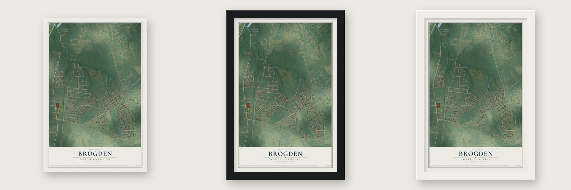 Brogden, North Carolina map unframed, in a black wood frame and in a white wood frame