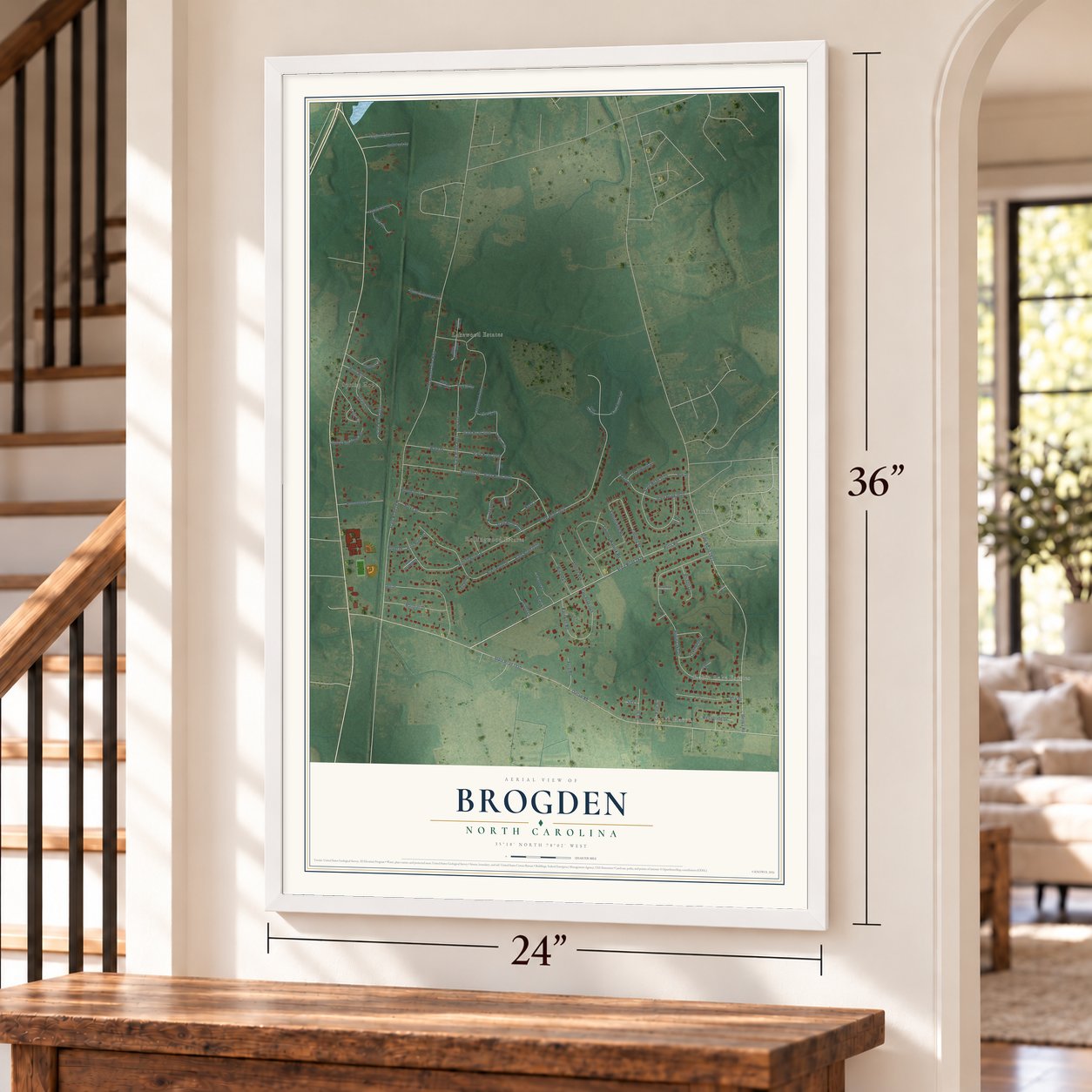 Brogden, North Carolina map, 24 x 36 inch print in a white frame by a staircase