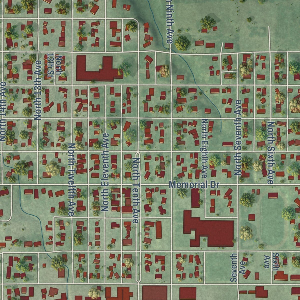 Second close-up of the map of Broken Bow, Nebraska print showing more streets and buildings