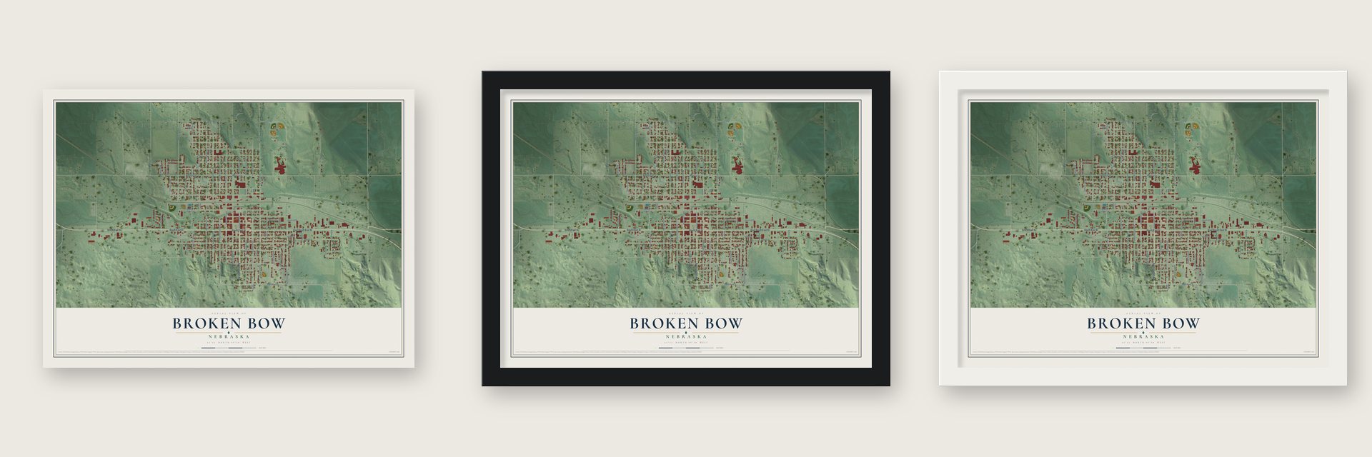 Broken Bow, Nebraska map unframed, in a black wood frame and in a white wood frame