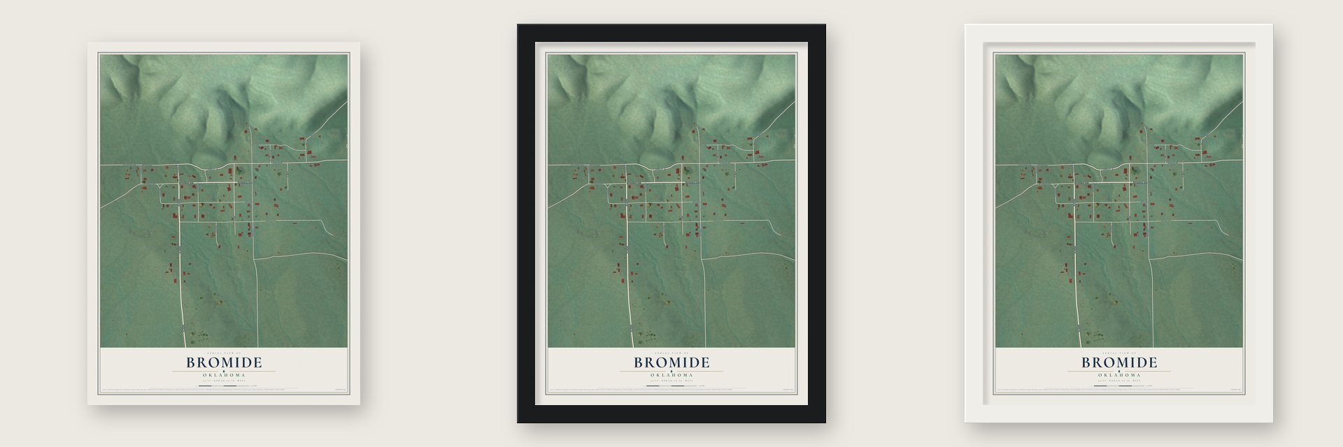 Bromide, Oklahoma map unframed, in a black wood frame and in a white wood frame