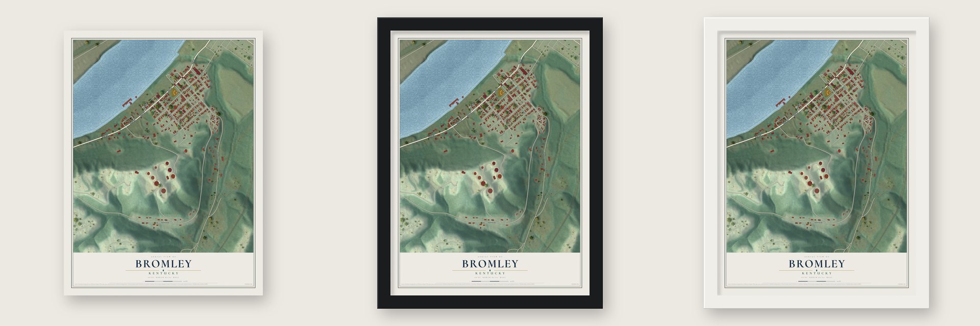 Bromley, Kentucky map unframed, in a black wood frame and in a white wood frame