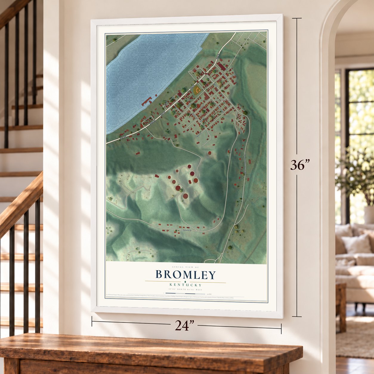 Bromley, Kentucky map, 24 x 36 inch print in a white frame by a staircase