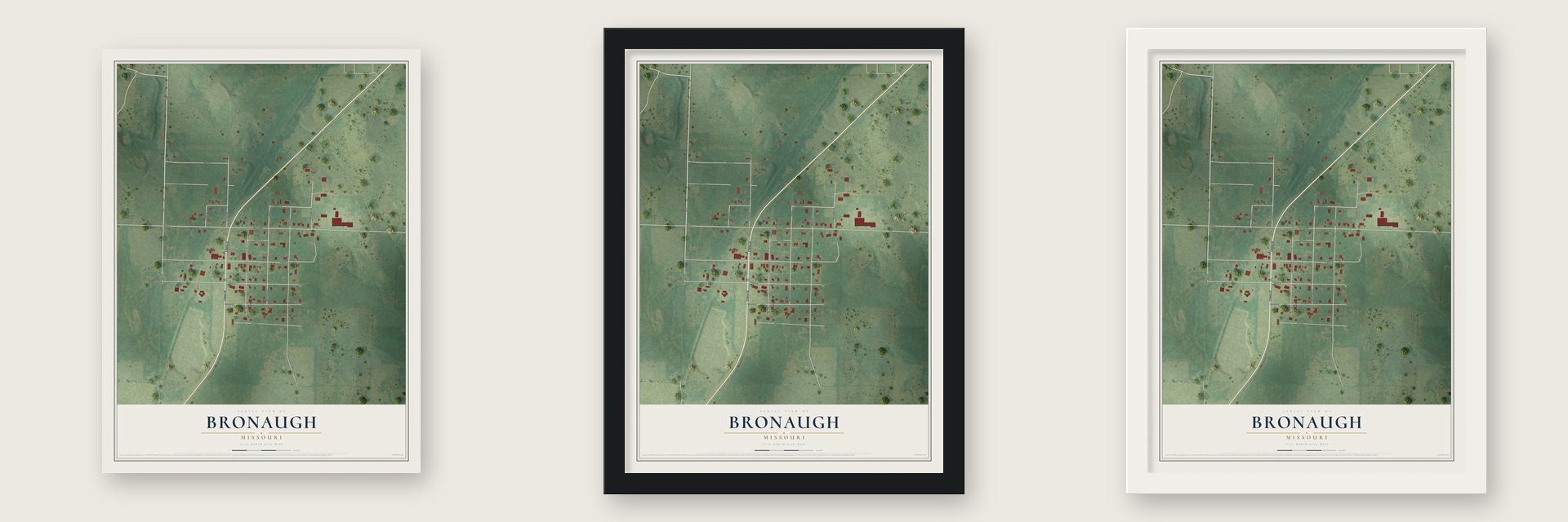 Bronaugh, Missouri map unframed, in a black wood frame and in a white wood frame