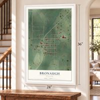 Bronaugh, Missouri map, 24 x 36 inch print in a white frame by a staircase