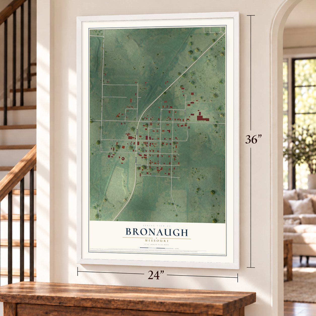Bronaugh, Missouri map, 24 x 36 inch print in a white frame by a staircase
