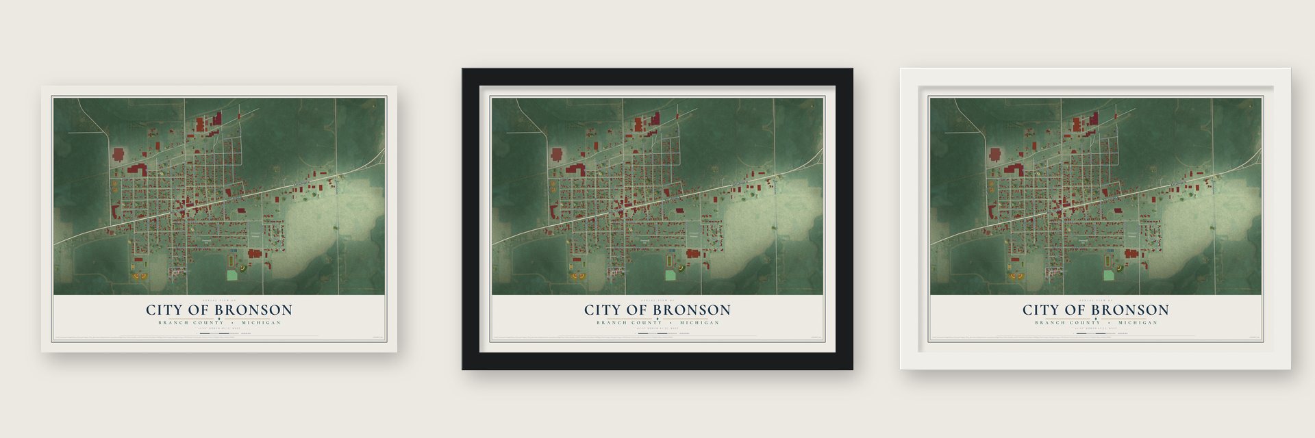 Bronson, Michigan map unframed, in a black wood frame and in a white wood frame