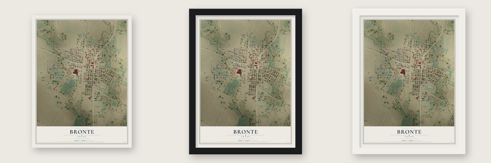 Bronte, Texas map unframed, in a black wood frame and in a white wood frame
