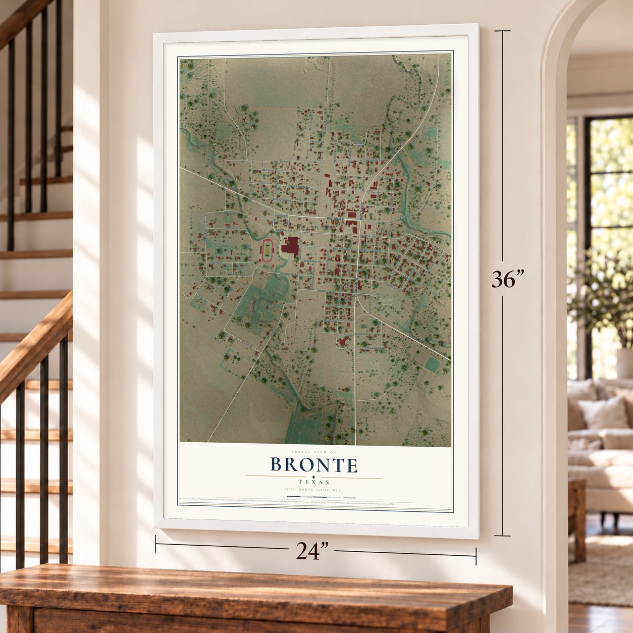 Bronte, Texas map, 24 x 36 inch print in a white frame by a staircase