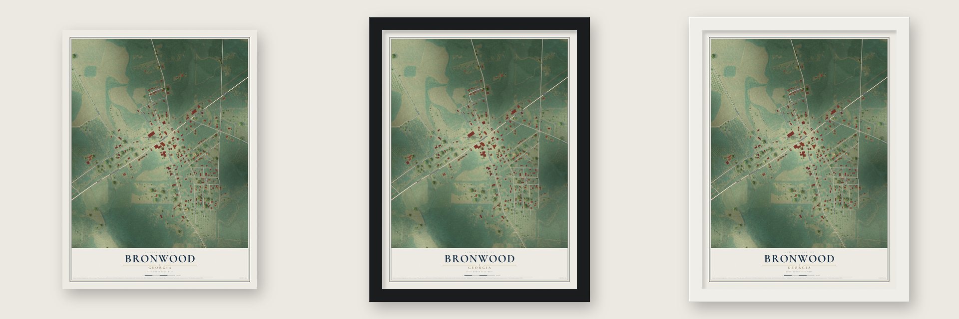 Bronwood, Georgia map unframed, in a black wood frame and in a white wood frame