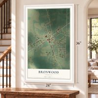 Bronwood, Georgia map, 24 x 36 inch print in a white frame by a staircase