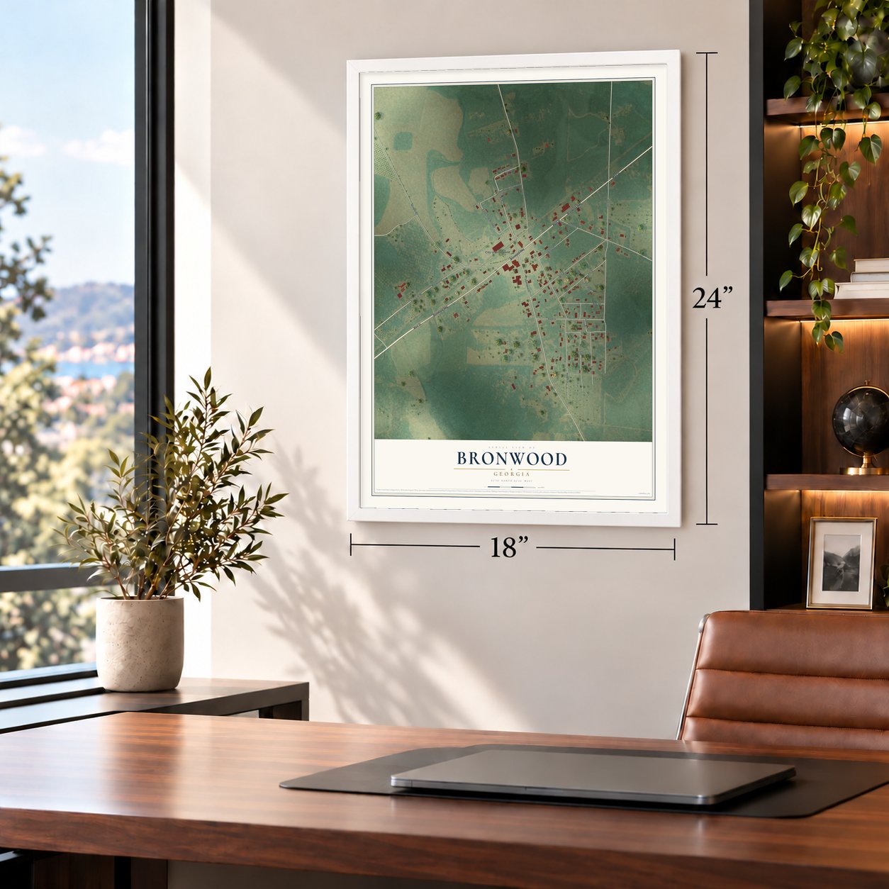 Bronwood, Georgia map, 18 x 24 inch print in a white frame in a home office