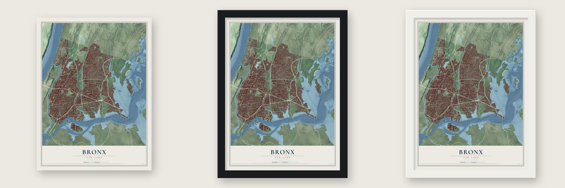 Bronx, New York map unframed, in a black wood frame and in a white wood frame