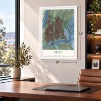 Bronx, New York map, 18 x 24 inch print in a white frame in a home office