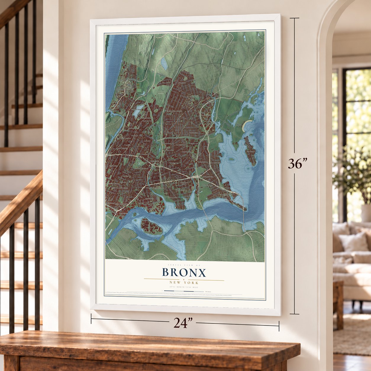 Bronx, New York map, 24 x 36 inch print in a white frame by a staircase