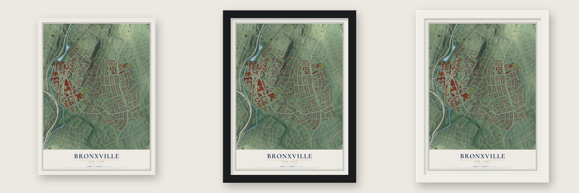 Bronxville, New York map unframed, in a black wood frame and in a white wood frame