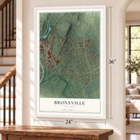 Bronxville, New York map, 24 x 36 inch print in a white frame by a staircase