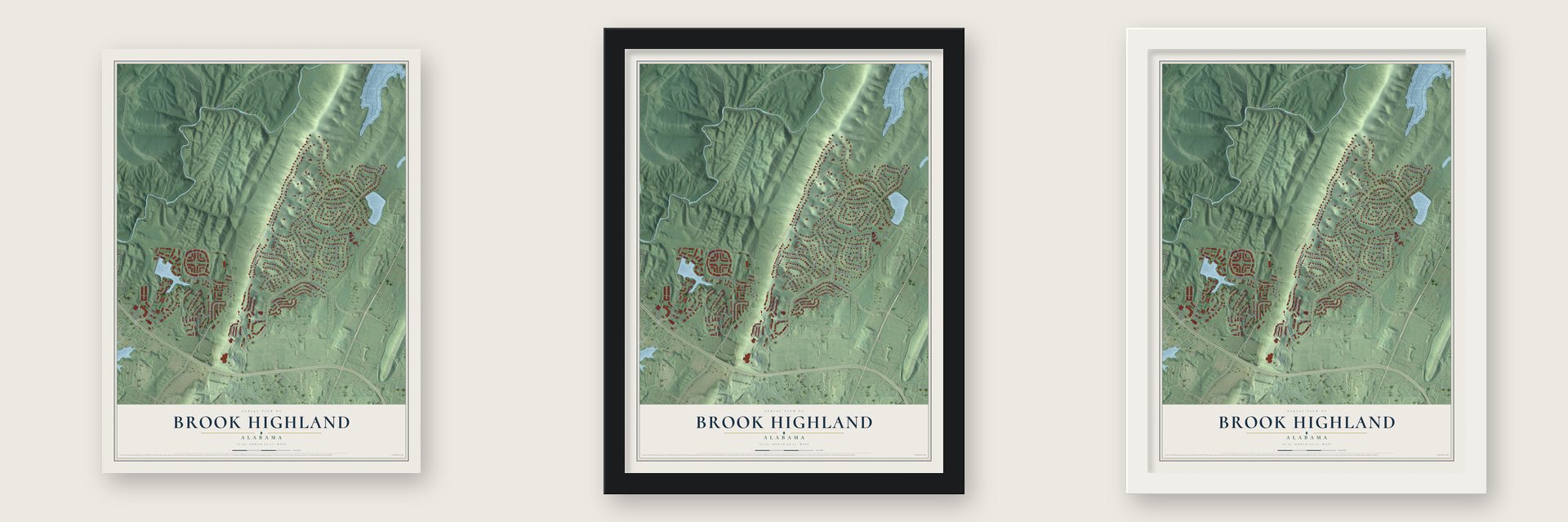 Brook Highland, Alabama map unframed, in a black wood frame and in a white wood frame
