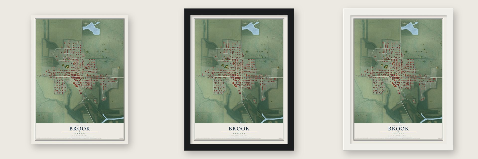 Brook, Indiana map unframed, in a black wood frame and in a white wood frame