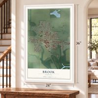 Brook, Indiana map, 24 x 36 inch print in a white frame by a staircase