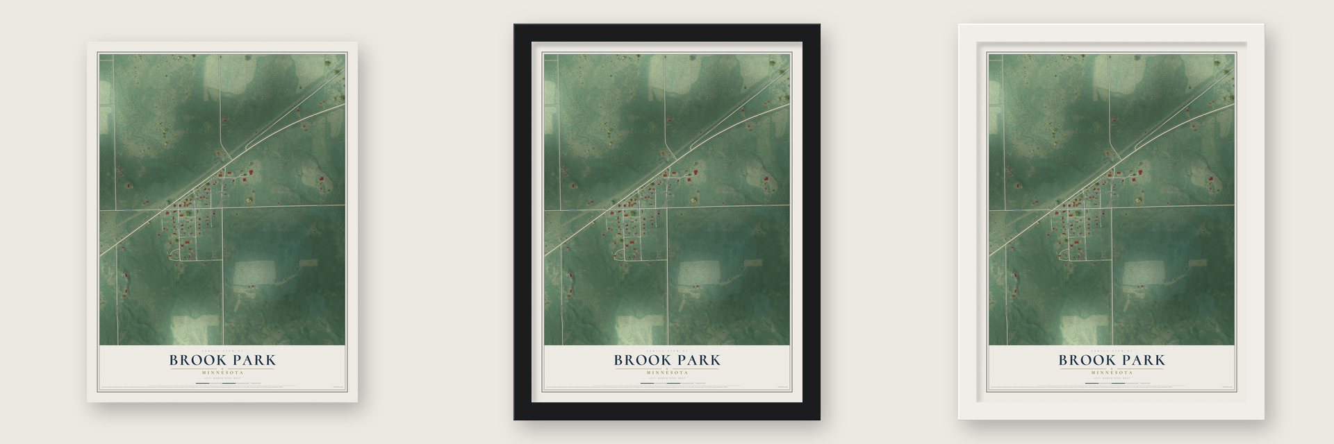 Brook Park, Minnesota map unframed, in a black wood frame and in a white wood frame