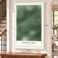 Brook Park, Minnesota map, 24 x 36 inch print in a white frame by a staircase