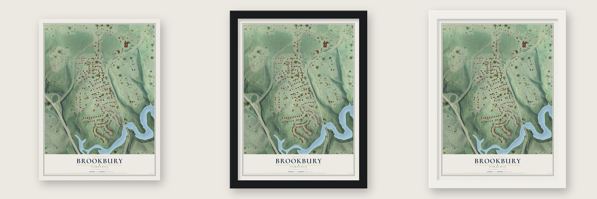 Brookbury, Virginia map unframed, in a black wood frame and in a white wood frame