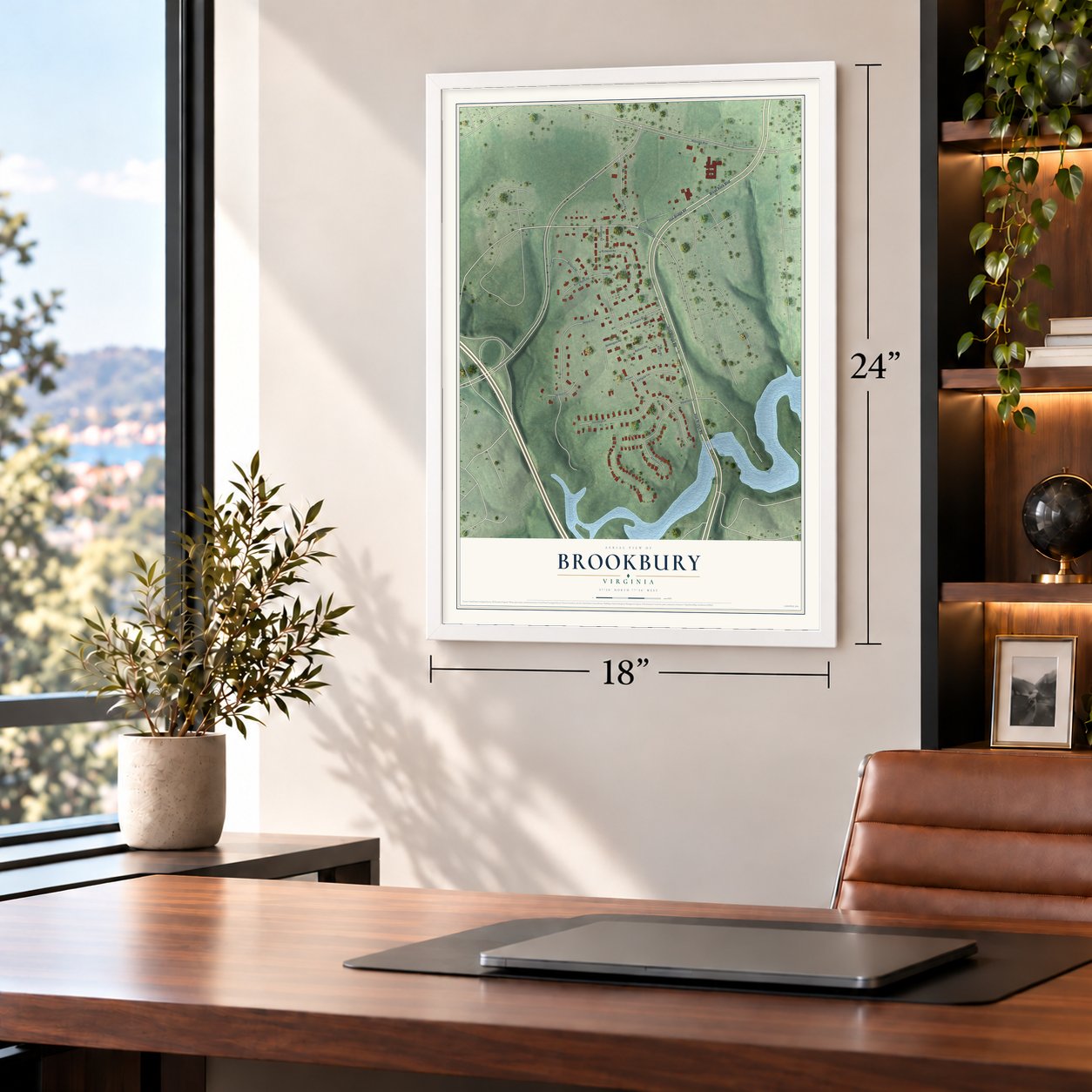 Brookbury, Virginia map, 18 x 24 inch print in a white frame in a home office