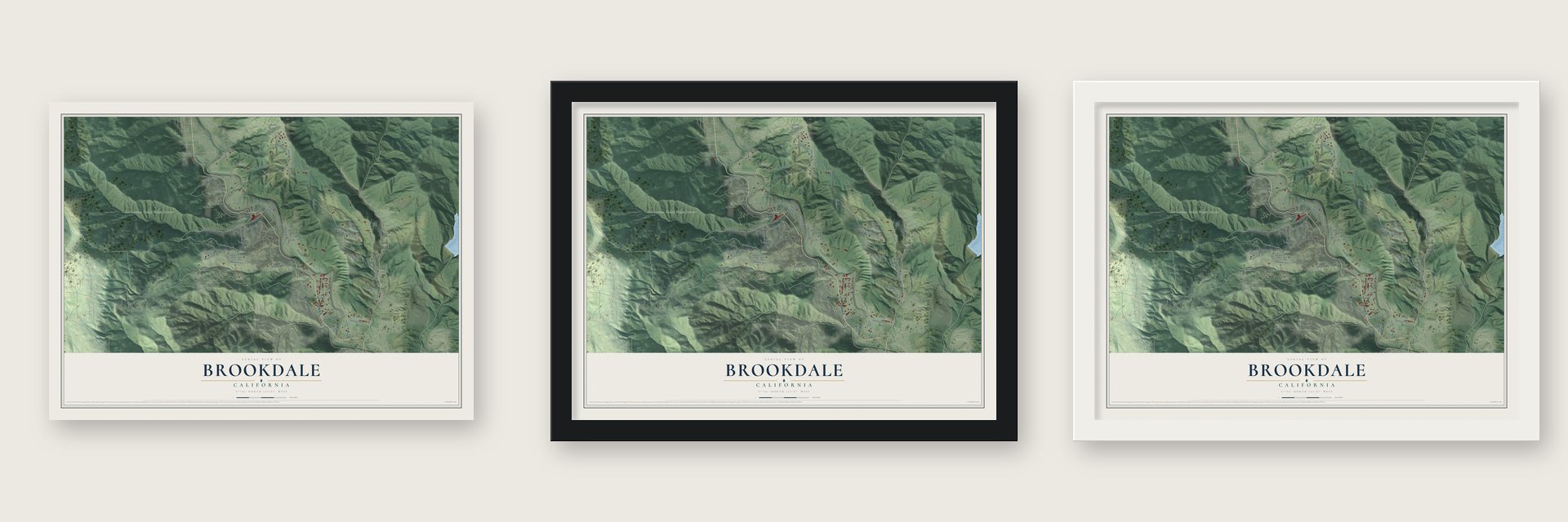 Brookdale, California map unframed, in a black wood frame and in a white wood frame