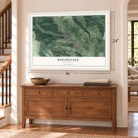 Brookdale, California map, 24 x 36 inch print in a white frame above a dresser by a staircase